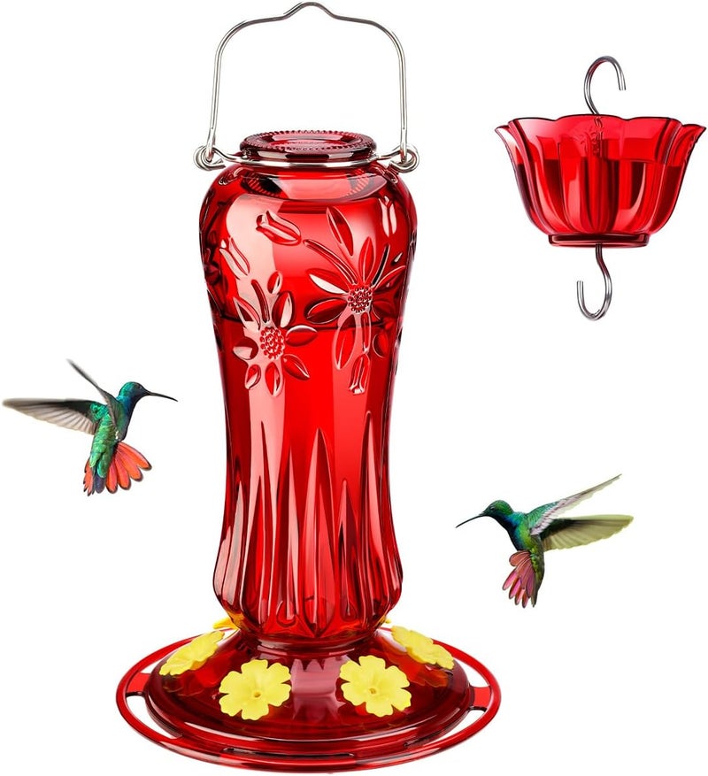 Kingsyard Glass Hummingbird Feeders for Outdoors Hanging, Hummingbird Nectar Feeder with Ant Moat & 6 Bee Guard Feeding Ports, 25 Ounces Leak Proof (Red) - Image 1